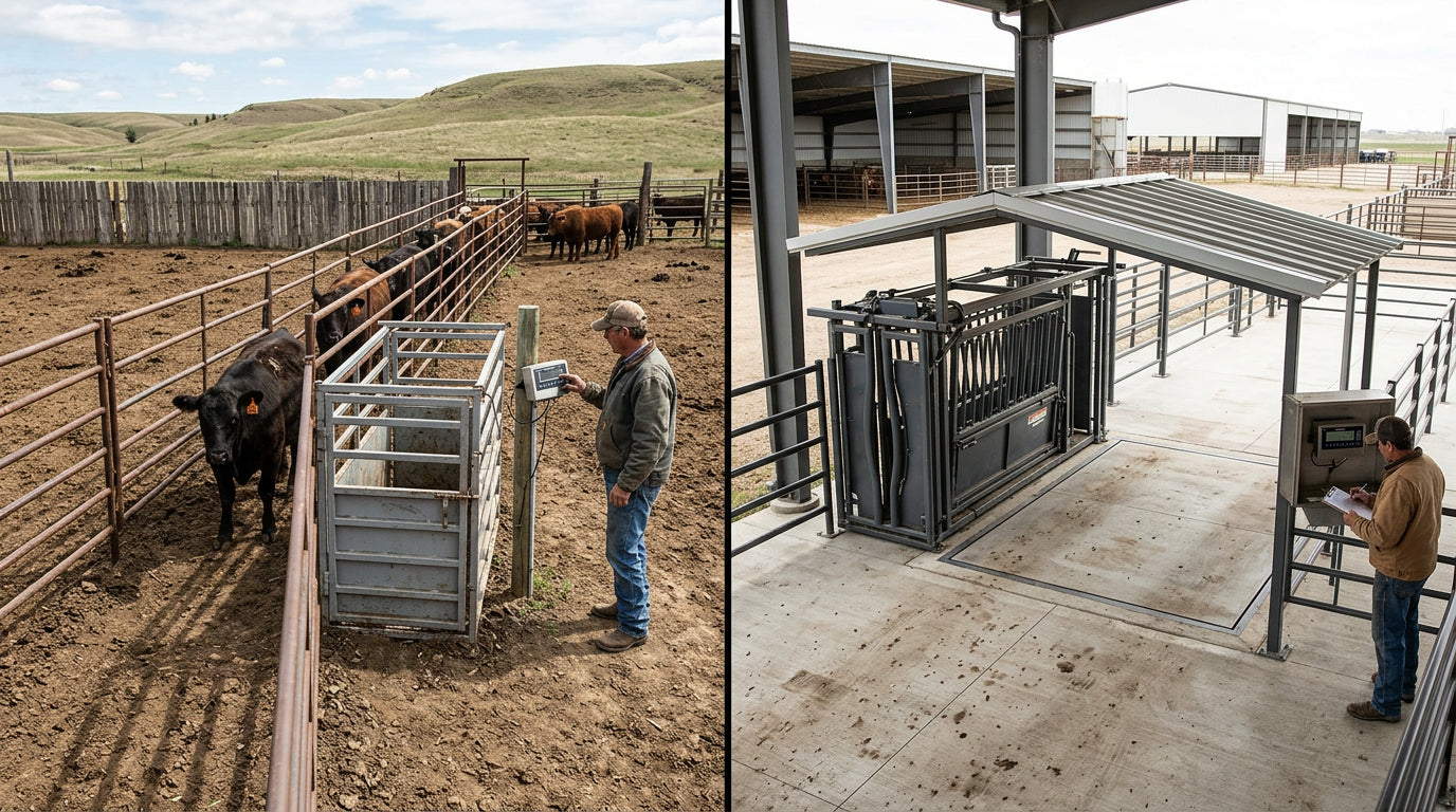 Portable livestock scale in open corral compared to stationary cattle scale in permanent facility
