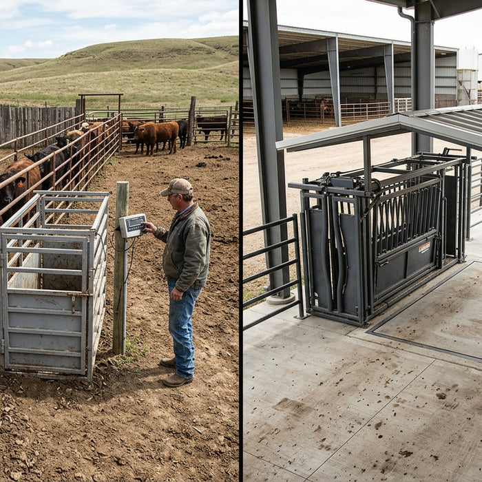 Portable livestock scale in open corral compared to stationary cattle scale in permanent facility
