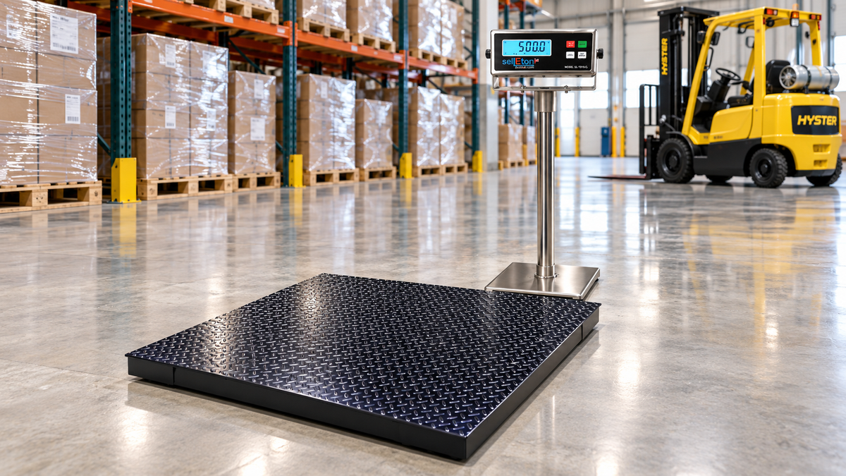 SellEton SL-700 floor scale with SellEton indicator in a warehouse