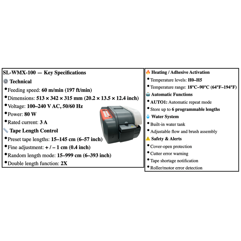 SellEton SL-WMX-100 Automatic Water-Activated Kraft Tape Dispenser Machine