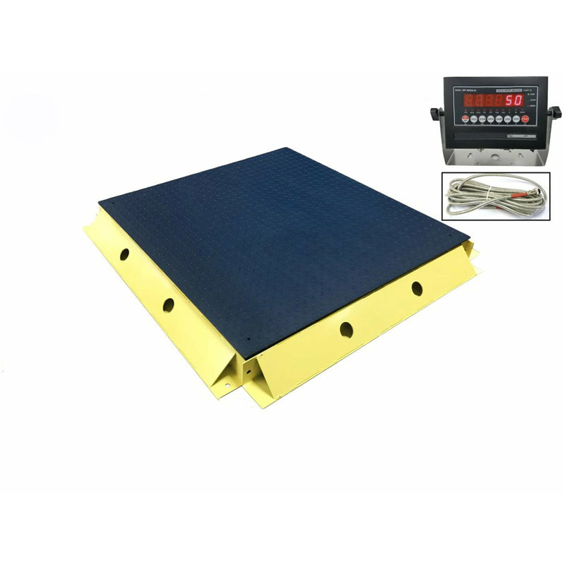 A NTEP certified industrial floor scale with a black platform and yellow protective bumper guards, including a digital display and connectivity ports.