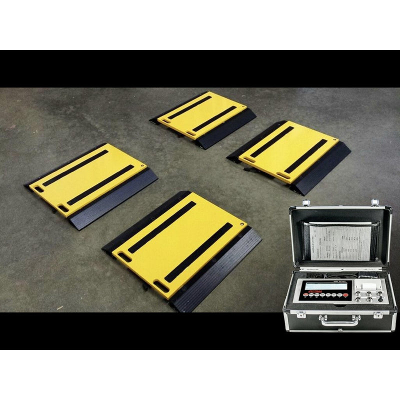 Four portable yellow and black aluminum weighing pads with interlocking skid-resistant ramps and a briefcase-style industrial scale indicator and printer.
